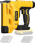 Badass Two In One Cordless Brad Nailer And Quarter Crown Stapler fits all standard 20V Max packs, showing yellow design and bonus pins.