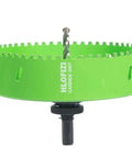 Front view: HLOFIZI carbide-grit hole saw, 6-1/4 inch, lime green, with pilot bit and drill arbor.