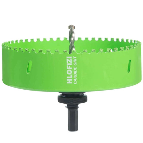 Front view: HLOFIZI carbide-grit hole saw, 6-1/4 inch, lime green, with pilot bit and drill arbor.