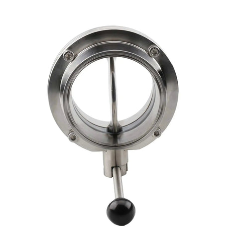 Front view of Sturdy 304 Stainless Steel Quick Release Valve With PTFE Sanitary Quick Coupling Clamp Pro Grade Built Tough For Industrial Use Easy Install Powder Only Design Not For Water Durable Stable Performance 304 Tube OD 159 Chuck 18 showing circular opening and handle