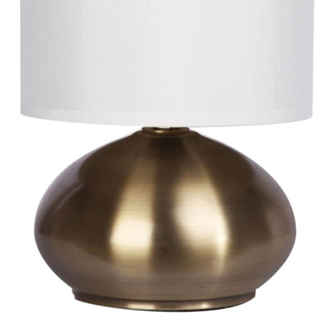Transitional Small Touch Lamp Set in Antique Brass, 9.25 Inch Tall, set with round brass base and white faux silk shade.