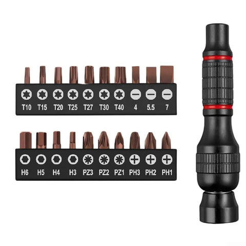 Heavy Duty 6.35mm Aluminum Screwdriver Handle With Magnetic Bit Holder Bar For Hex And Torx Screws, Non-Slip Grip Fits Standard Bits, Solid Build For Home Reno Pro Jobs, 20 Piece Kit Included, black aluminum handle with 20 bits