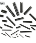 Roll Pins Assortment Kit Slotted Hollow Dowel Pins 450 Pcs, spring steel with black oxide finish, various sizes, top view.
