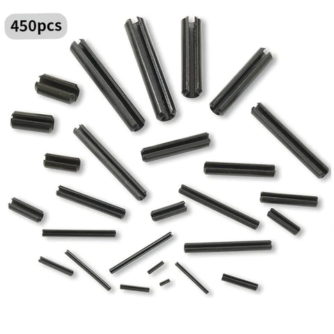 Roll Pins Assortment Kit Slotted Hollow Dowel Pins 450 Pcs, spring steel with black oxide finish, various sizes, top view.