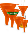 Orange Four Pack Plastic Oil Funnel Set For Auto And Kitchen Use With Shielded Tube Wide Mouth For Easy Pouring Car Oil Gas Lubricants Water Bottles And Fluid Containers