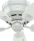 Close-up of a Low Profile 48 Inch Ceiling Fan No Light For Indoor Or Outdoor Use Flush Mount Damp Rated White With Five Blades And Pull Chain