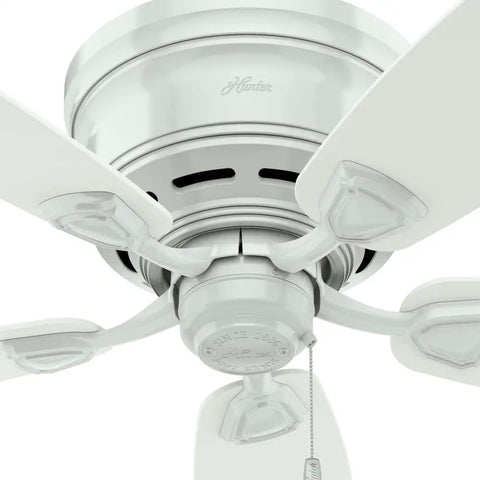 Close-up of a Low Profile 48 Inch Ceiling Fan No Light For Indoor Or Outdoor Use Flush Mount Damp Rated White With Five Blades And Pull Chain