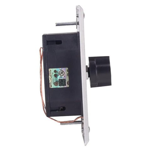 Side view of Spring Wound In Wall Twist Timer With Durable Metal Plate, 60 Minute Auto Shutoff, shown with metal faceplate and wires.
