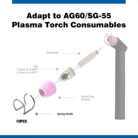 Diagram showing parts of Ten Piece Spacer Guide Set For CUT50 CUT50D CUT50DP And CUT60 Plasma Cutters With SG-55 Torch Durable AG-60 Spring Guides For Clean Precise Cuts And Smooth Torch Fit