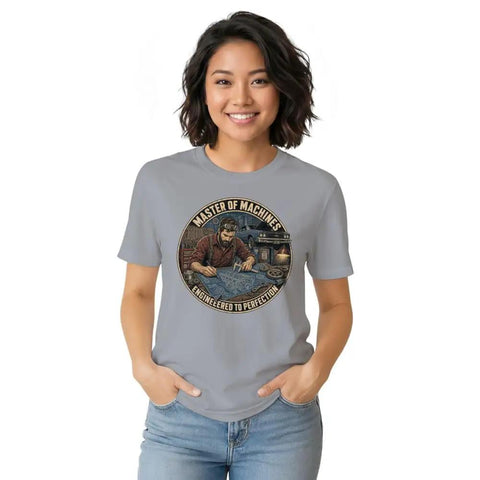 Awesome Soft Cotton Tee For Mechanical Engineers Featuring Vintage Blueprint And Engine Part Designs, gray shirt on smiling woman.