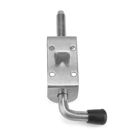 Heavy Duty Stainless Steel Spring Loaded Latch Pin, 5 Inch Barrel Bolt For Cabinets And Trailers, Easy Install Security Kit With Screws, detail view showing latch mechanism.