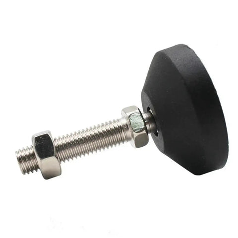 Adjustable Furniture Leveling Feet 12 Pack Universal Swivel Screw Glides For Tables Desks Chairs, close-up of threaded foot and hex nut.