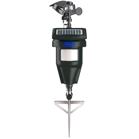 Motion Activated Yard Sprinkler System For Deer And Cat Deterrence with steel stake and compact design.