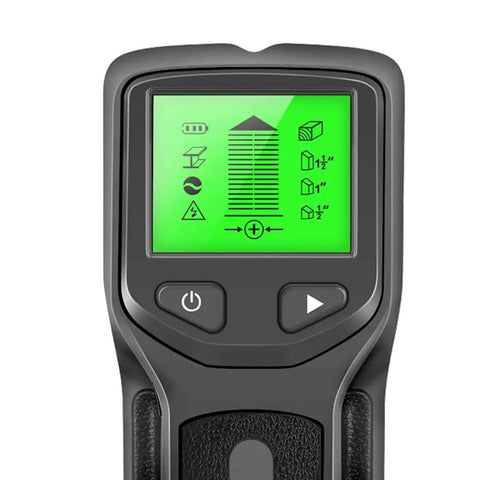 Display screen of 5 in 1 Stud Finder Wall Detector with Backlight showing detection icons and measurements.
