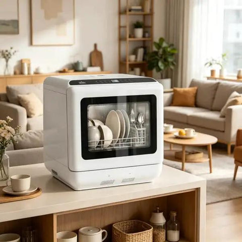 Crisp White Compact Countertop Dishwasher Boasting 28 Item Capacity Ideal For Apartments And Digs on kitchen countertop with dishes inside.