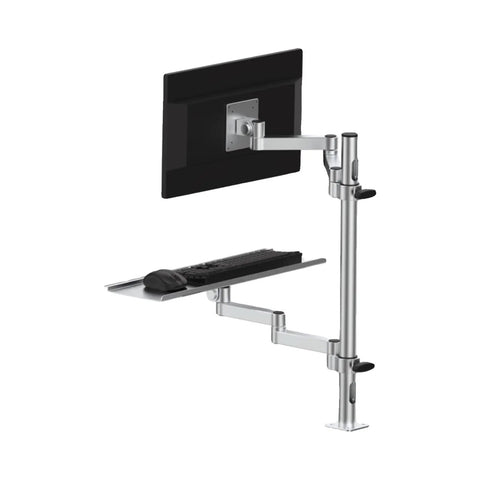 Premium Grade Rock Solid Articulating Monitor And Keyboard Mounting Tray Featuring Slick Dual Pivot Arms For Easy Desk Organization and Hassle Free Workspace Upgrades with monitor and keyboard.