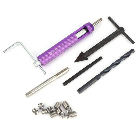 Solid 1/4-20 UNC Thread Repair Insert Kit with 12 Pieces Screw Sleeves For High Voltage Gear Auto Parts And Radiators To Slam Dented Holes Back In Shape Without Mess Or Fuss. 1/4-20 tap, drill, tools, and sleeves laid out