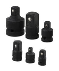 6-Piece Socket Adapter Set For Pneumatic Drives And Ratchet Extensions, air wrench adapters and square drive reducers displayed.
