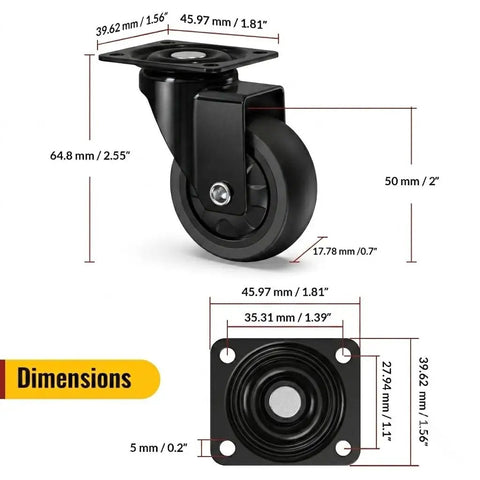Dead Quiet 2 Inch Low Profile Caster Wheels For Furniture showcasing dimensions and design, perfect for smooth sliding on furniture.