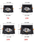 Image showing dimensions of 10 Pack Square LED Downlights Featuring Sleek Aluminum Baffle Trim in various wattages and sizes.