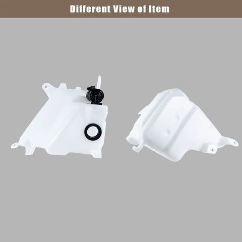 Two views of Toyota Tacoma Windshield Washer Reservoir With Sensor Hole Cap Replacement Plug N Play Fits 1998 1999 2000 2001 2002 2003 2004 Wiper Fluid Tank Jar Replaces OE TO1288184 showing side and back angles.