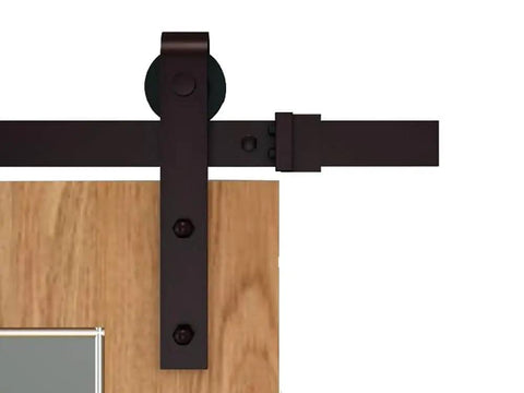 Close-up of 6.6 Ft Country Dark Coffee Steel Sliding Barn Door Hardware Set for Doors and Closets with Antique Finish installed on wood door.
