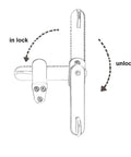 Diagram showing how to lock and unlock the Solid Brass Barn Door Latch For Cabinet Doors 4 Inch Brushed Antique Brass Finish No Fuss Install Flip Latch For Interior Or Exterior Use Includes Stainless Screws And Plastic Anchor 1 Pack.