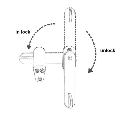 Diagram showing how to lock and unlock the Solid Brass Barn Door Latch For Cabinet Doors 4 Inch Brushed Antique Brass Finish No Fuss Install Flip Latch For Interior Or Exterior Use Includes Stainless Screws And Plastic Anchor 1 Pack.