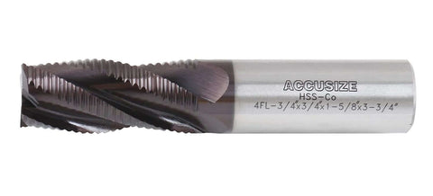 Accusize roughing end mill, 4-flute M42 8% cobalt TiAlN coating, 3/4 in diameter, 1-5/8 in flute length