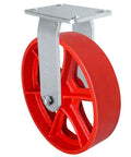 12 Inch X 3 Inch Kingpinless Heavy Duty Rigid Caster Packs A Red Ductile Iron Wheel showing plate mount and durable design.