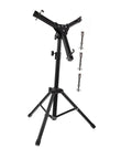 No Fuss Foldable Alloy Snare Drum Stand, Rock Solid Lightweight Percussion Tripod Rack With Adjustable Height, Smooth Quick Setup, sleek black design.