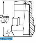 Technical drawing of Five Beefy Locking Wheel Lug Nuts With Key For Aftermarket Wheels One Half Inch To Twenty Thread Closed End Bulge