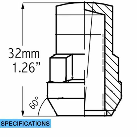 Technical drawing of Five Beefy Locking Wheel Lug Nuts With Key For Aftermarket Wheels One Half Inch To Twenty Thread Closed End Bulge