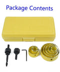 Heavy Duty 11 Piece Carbon Steel Hole Saw Set For Drilling Big Holes In Wood Metal Plastic And Sheet Alloy Fast Reliable Kit To Get The Job Done package contents with yellow case and saw bits