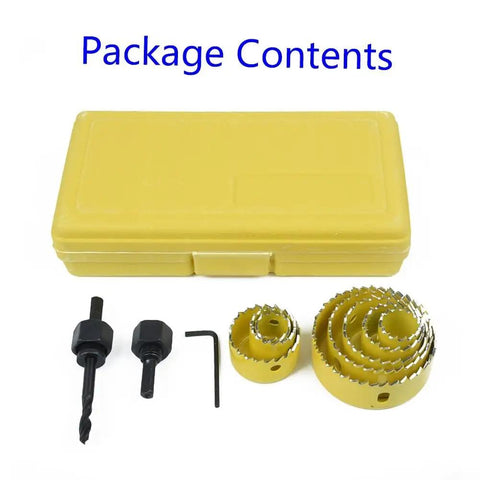 Heavy Duty 11 Piece Carbon Steel Hole Saw Set For Drilling Big Holes In Wood Metal Plastic And Sheet Alloy Fast Reliable Kit To Get The Job Done package contents with yellow case and saw bits