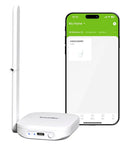 Long Range WiFi Antenna Gateway For Water Timers And Sprinkler Controllers, device near smartphone showing app interface