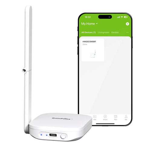 Long Range WiFi Antenna Gateway For Water Timers And Sprinkler Controllers, device near smartphone showing app interface