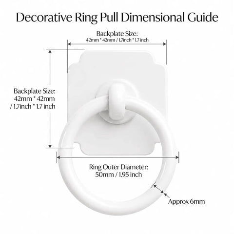 Dimensional guide for Two Pack Ceramic White Cabinet Ring Pulls With 1.6 Inch Backplate, shown with measurements in mm and inches.