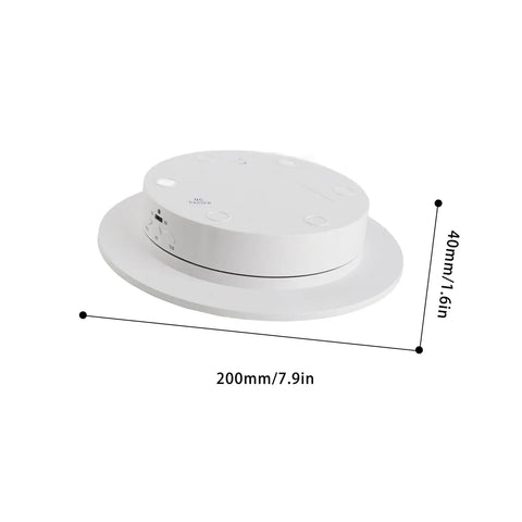 Super Sweet 360 Degree Electric Rotating Turntable Display Stand With Speed Adjustable Controls And Three Distinct Velocities For Photography Video Props Plus USB Powered White ABS Build Measuring 7.9x1.6 In side view with dimensions shown