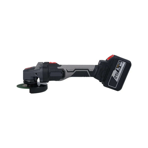 21V Cordless Electric Angle Grinder With Brushless Motor And Gutsy 6000mAh Battery For Serious Cutting Polishing Plus Grinding Tasks Featuring 3 Speed Settings And Live Power Display For That Badass Shop Session, side angle view.