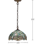 Sea Blue Stained Glass Dragonfly Tiffany Pendant Light Fixture With 12 Inch Shade And 24 Inch Chain, 32 Inch Cord