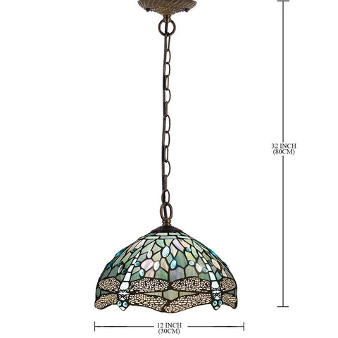 Sea Blue Stained Glass Dragonfly Tiffany Pendant Light Fixture With 12 Inch Shade And 24 Inch Chain, 32 Inch Cord