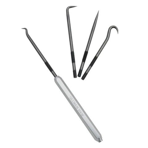 H4W 4 Piece Hook And Pick Set With Handle In A Compact Case showing A straight, B 90-degree, C hook, D combination tips against white