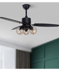 Modern Black Ceiling Fan Integrated With Glass Lamp And Remote Control sleek design with three bulbs perfect for living room or bedroom.