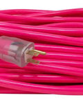 Outdoor Extension Cord 100 Ft Heavy Duty All Copper Wire 12/3 SJTW Weatherproof Vinyl Jacket With High Visibility Pink And Green Safety Stripe