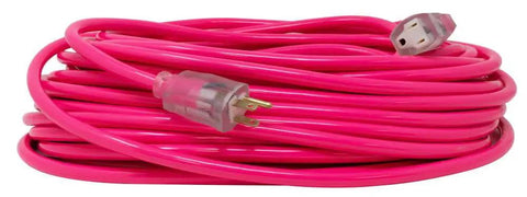 Outdoor Extension Cord 100 Ft Heavy Duty All Copper Wire 12/3 SJTW Weatherproof Vinyl Jacket With High Visibility Pink And Green Safety Stripe