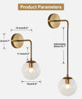 Mid Century Modern Globe Wall Sconce Set Of Two In Brushed Brass Gold With Clear Glass Ball Lamps, dimensions shown