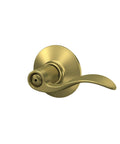 Accent Door Lever Privacy Lock for Bedroom and Bathroom in Satin Brass Finish, shown with elegant curved design