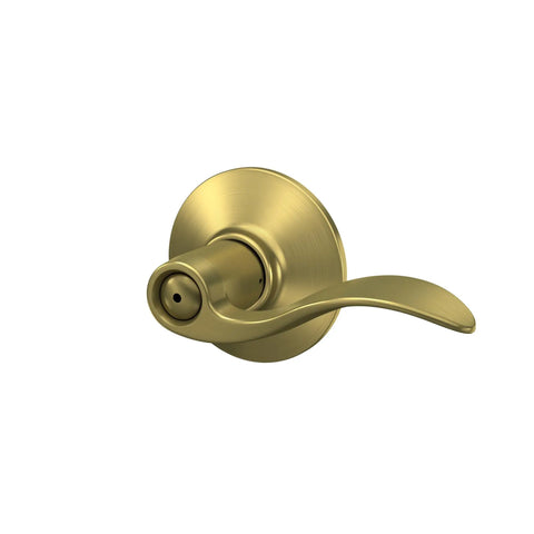 Accent Door Lever Privacy Lock for Bedroom and Bathroom in Satin Brass Finish, shown with elegant curved design