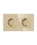 Built Tough Dual Schuko Wall Socket Slick Tempered Glass Panel, dual EU outlet, child-proof shield with golden sockets.